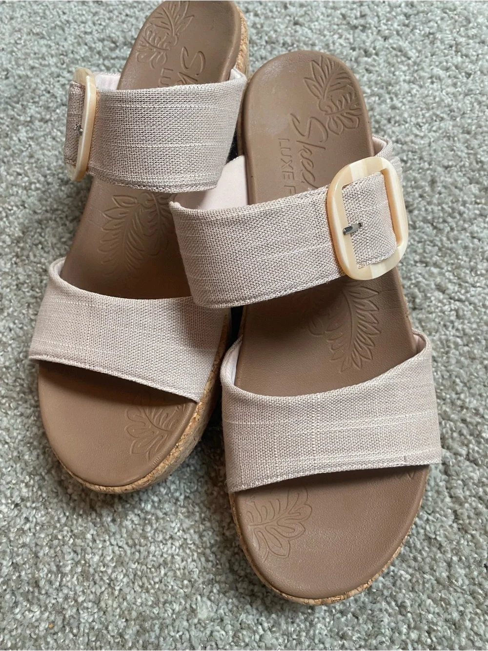Skechers Blush Fabric Cork Wedge Sandals with Square Buckle